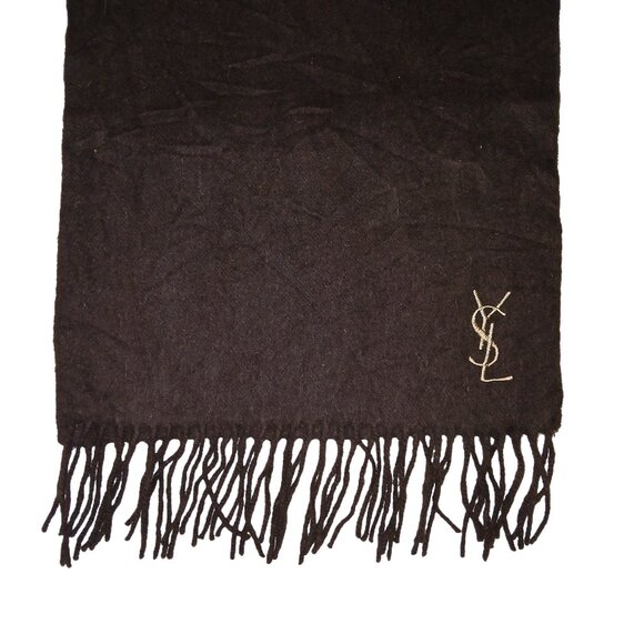 Yves Saint Laurent YSL Brown Tan Embroidered Wool Fringed Scarf Pre-Owned - Picture 6 of 8